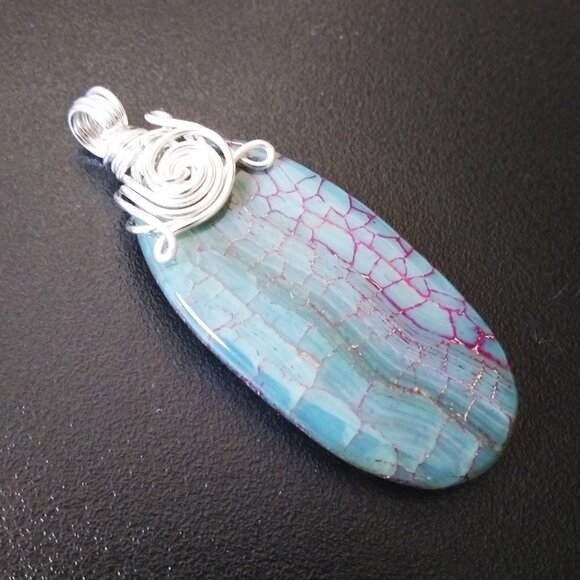 Gorgeous Dragonvein Agate Pendant with Wire Wrapped Bail - Blue Green Color Hues - Picture 2 of 8